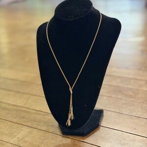 Mid-Century Gold Lariat Y-Necklace, Black Faceted Bead Tassels, 1970s Retro